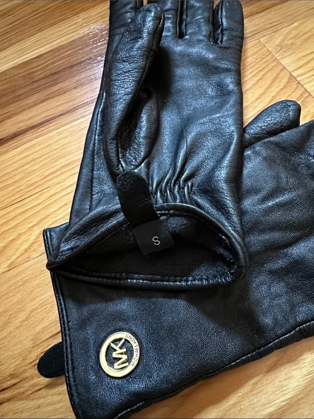 Michael Kors Black Leather Gloves with Gold MK Emblem